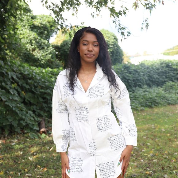 Cursive Newspaper Pattern Design Mini Long Sleeve Casual Shirt Dress,  (S-2XL) - Picture 3 of 9